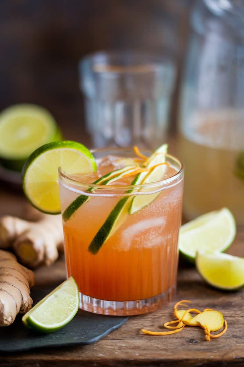 A refreshing drink with ginger and lime garnished with lime slices.