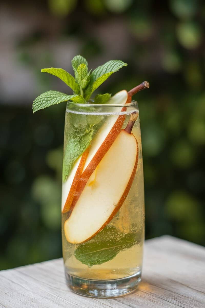 A refreshing Ginger Pear Sparkler with slices of pear, ginger, and mint leaves