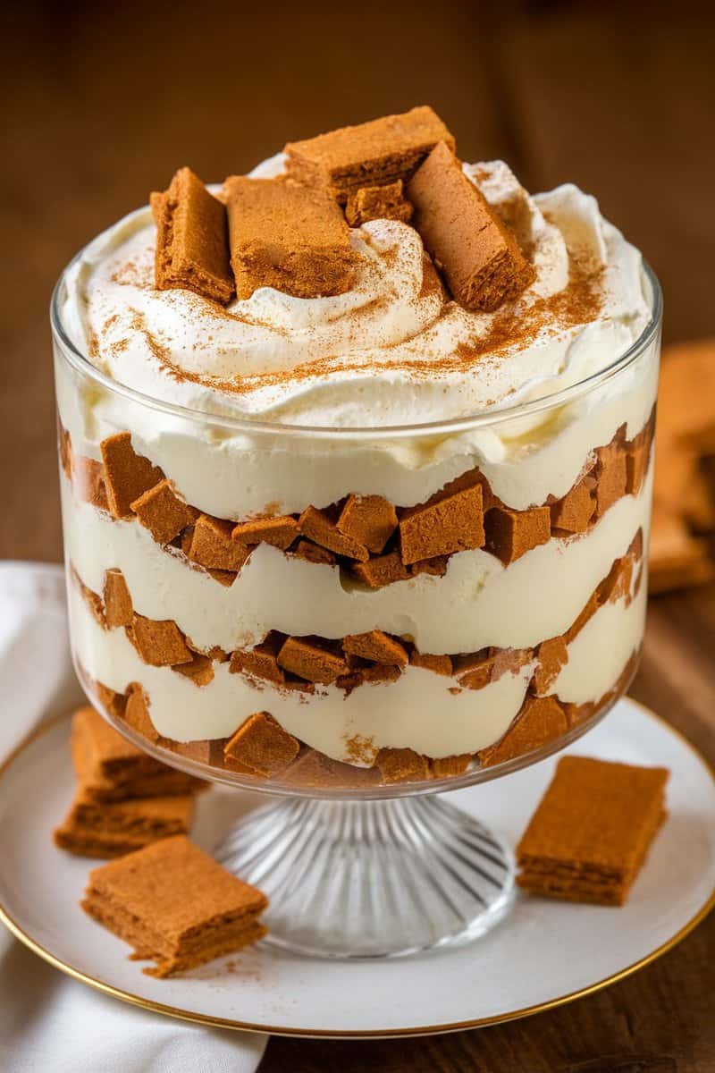 A beautifully layered gingerbread trifle with whipped cream, gingerbread pieces, and a sprinkle of cinnamon on top.