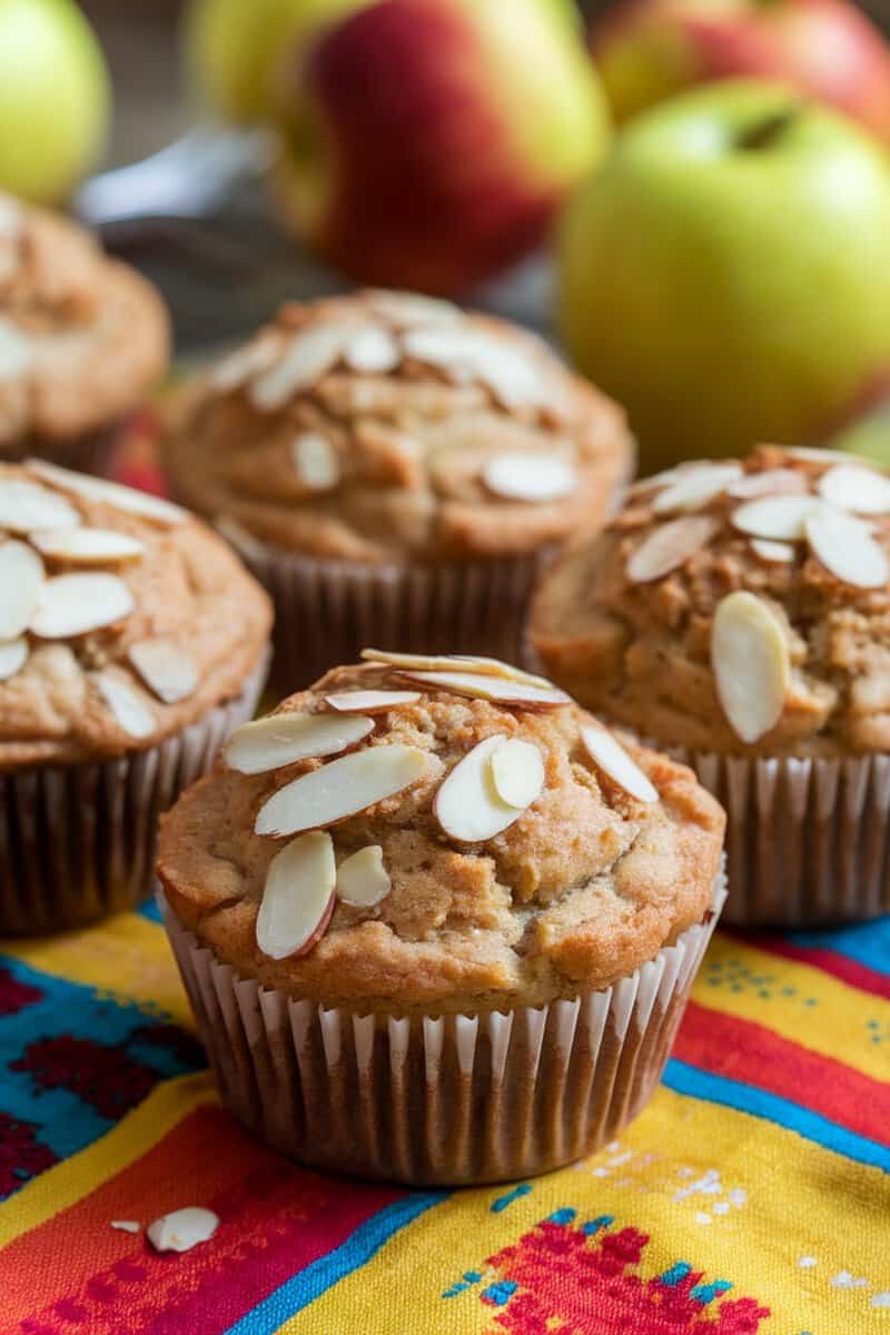 Gluten-free apple almond muffins topped with sliced almonds on a colorful tablecloth with fresh apples in the background.