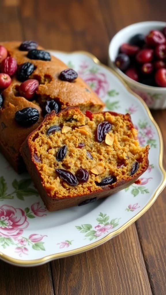 A beautifully presented gluten-free fruitcake topped with dried fruits on a floral plate