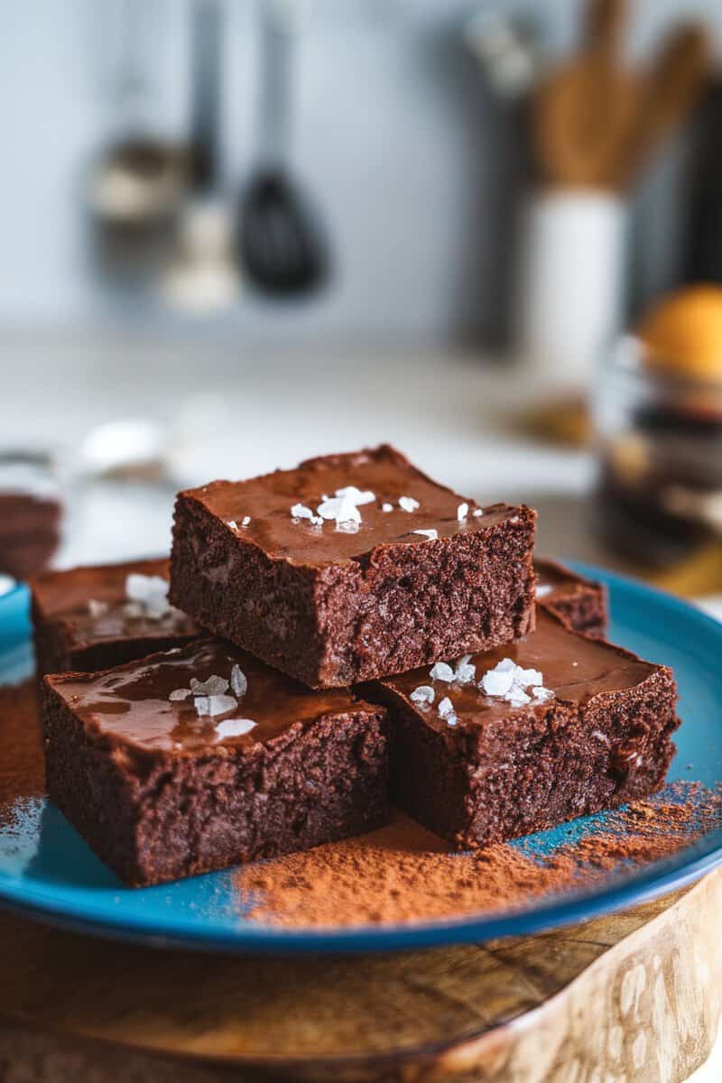 A stack of gluten-free fudgy brownies surrounded by baking ingredients.