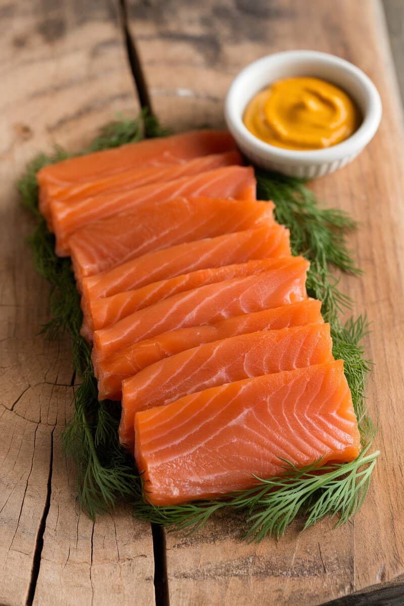 Sliced gravlax salmon with dill and mustard sauce