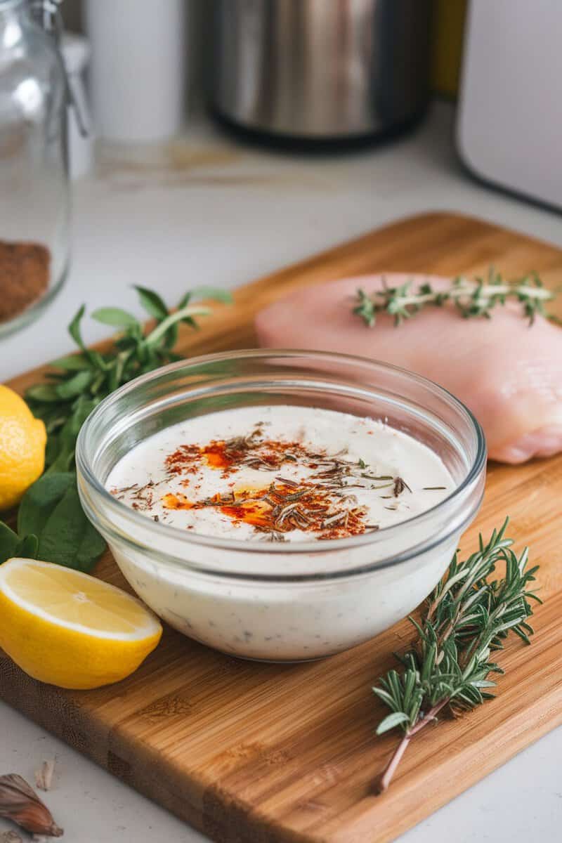 A bowl of Greek yogurt chicken marinade with chicken pieces and spices, ready for marinating.