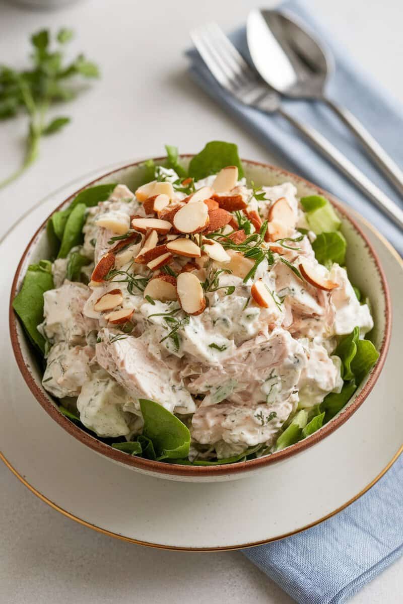 A bowl of Greek yogurt chicken salad on a bed of spinach topped with almonds.