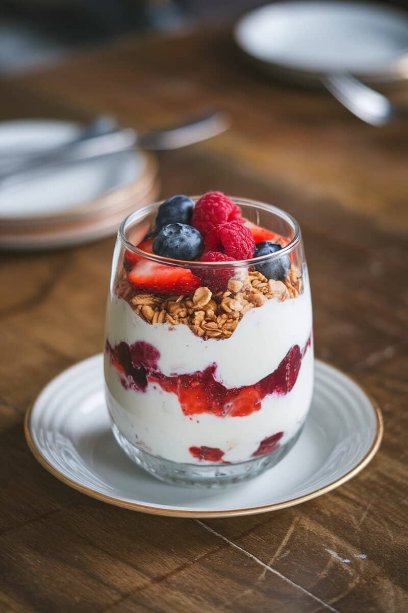 A Greek yogurt parfait with layers of yogurt, berries, and granola in a glass.