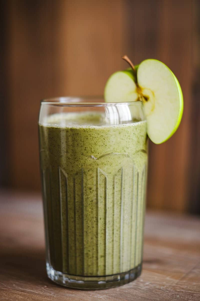 A refreshing green smoothie made with apple and kale, served in a tall glass.