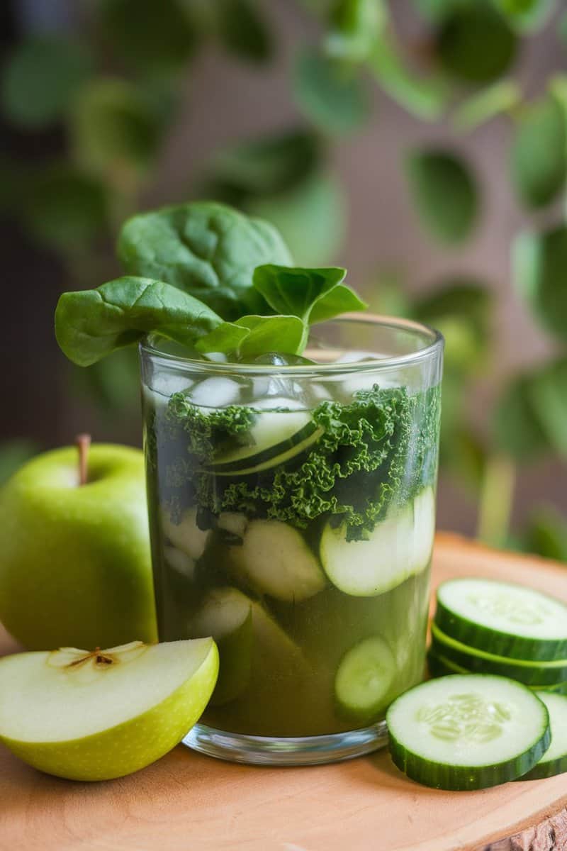 A refreshing green detox elixir made with kale, spinach, green apple, and cucumber, garnished with leafy greens.