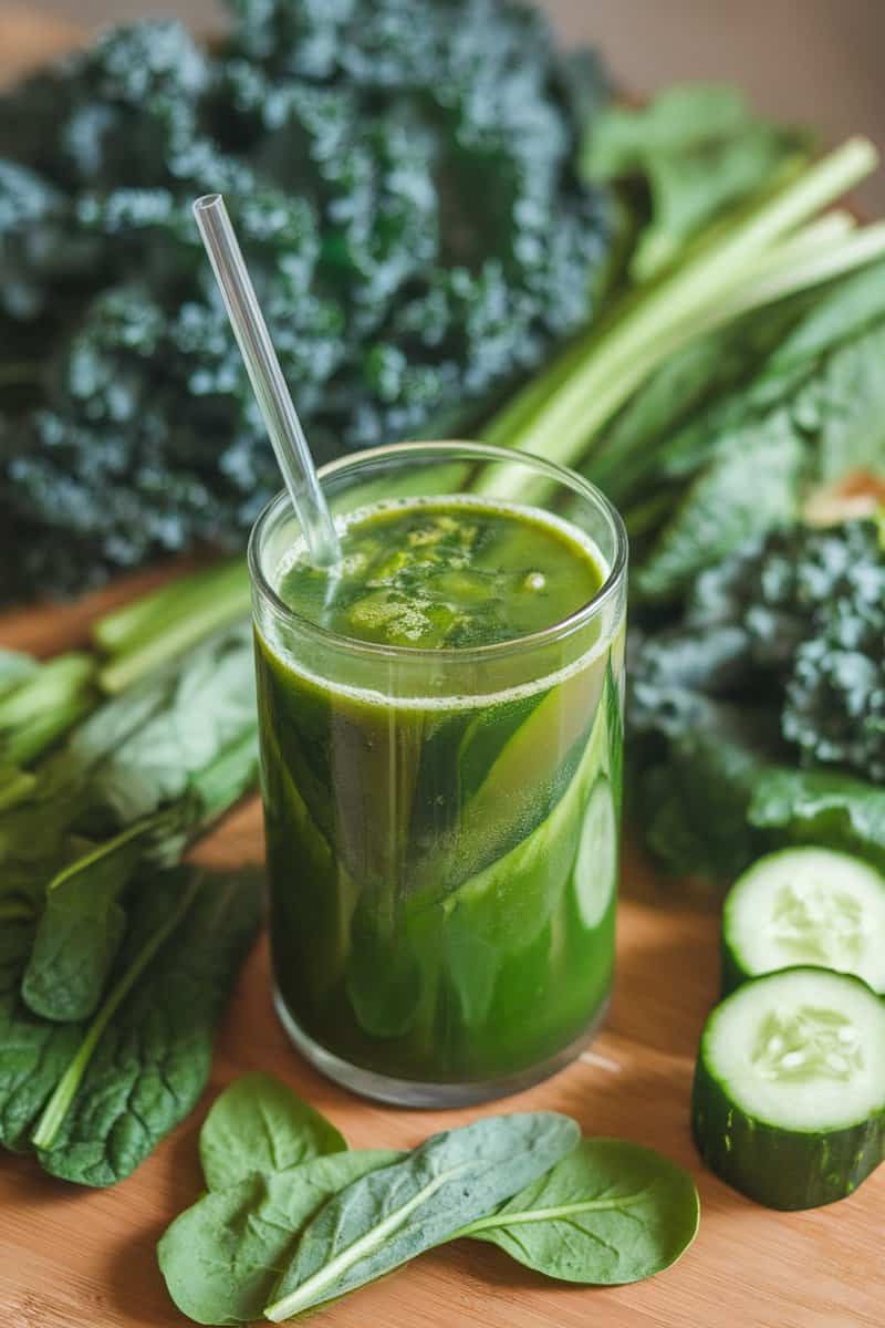 A refreshing glass of green juice surrounded by fresh kale and spinach leaves.