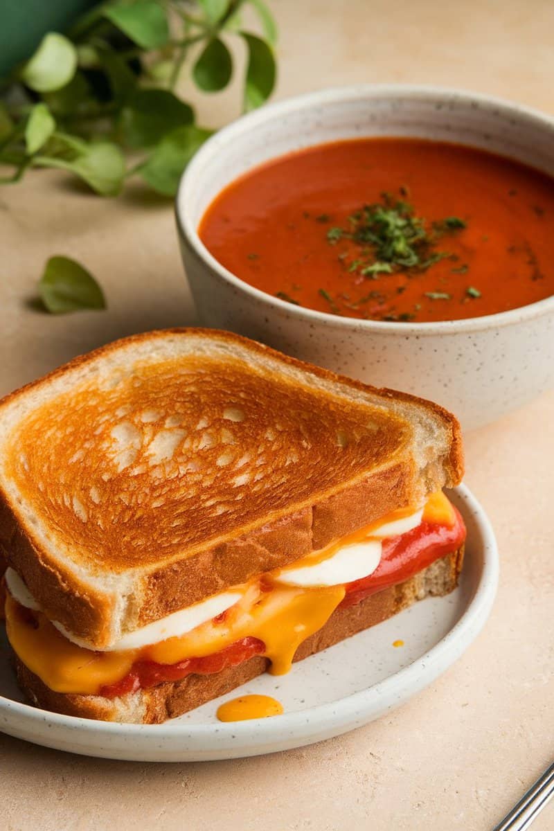 A delicious grilled cheese sandwich served with a bowl of rich tomato soup