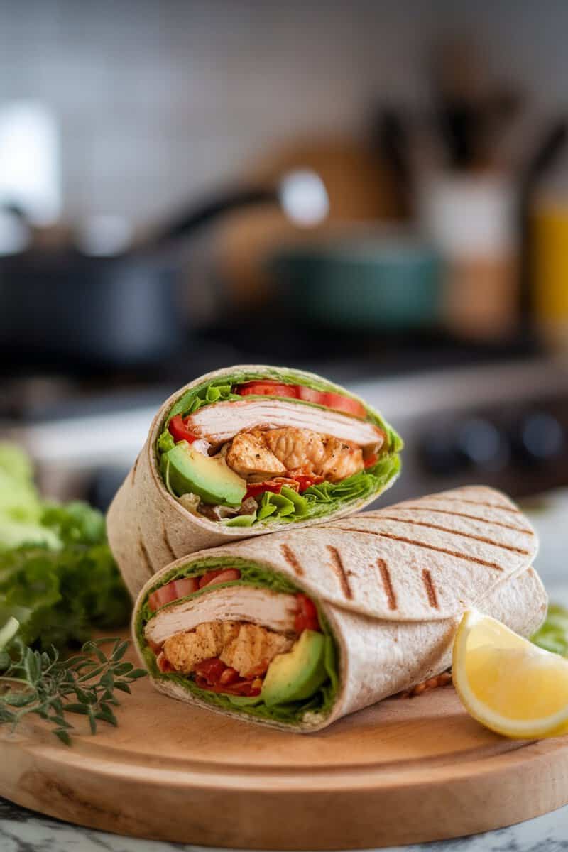 Grilled Chicken and Avocado Wrap with fresh vegetables