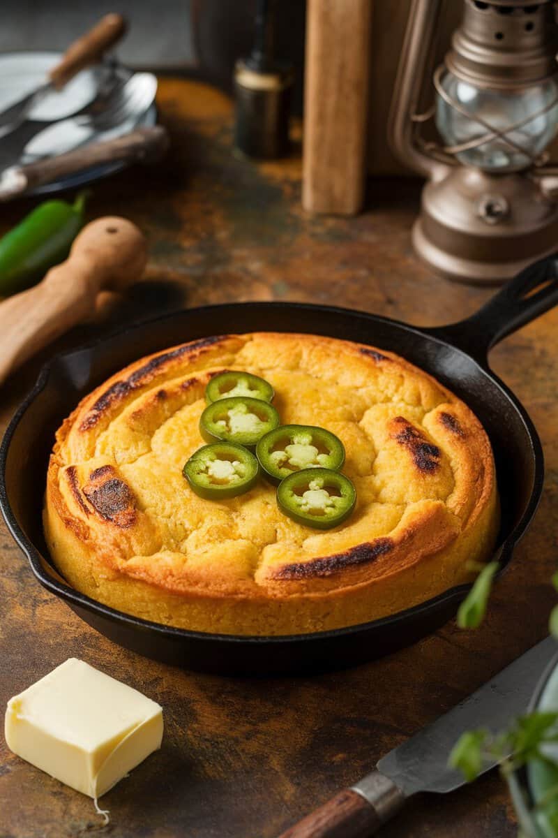 A delicious grilled cornbread with jalapeños in a cast iron skillet, garnished with sliced jalapeños.