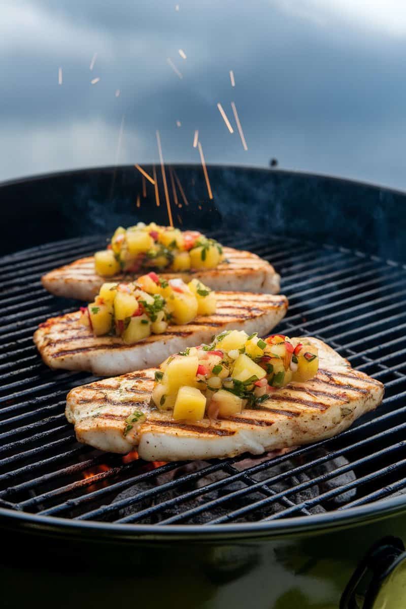 Grilled flounder fillets topped with pineapple salsa on a barbecue grill.