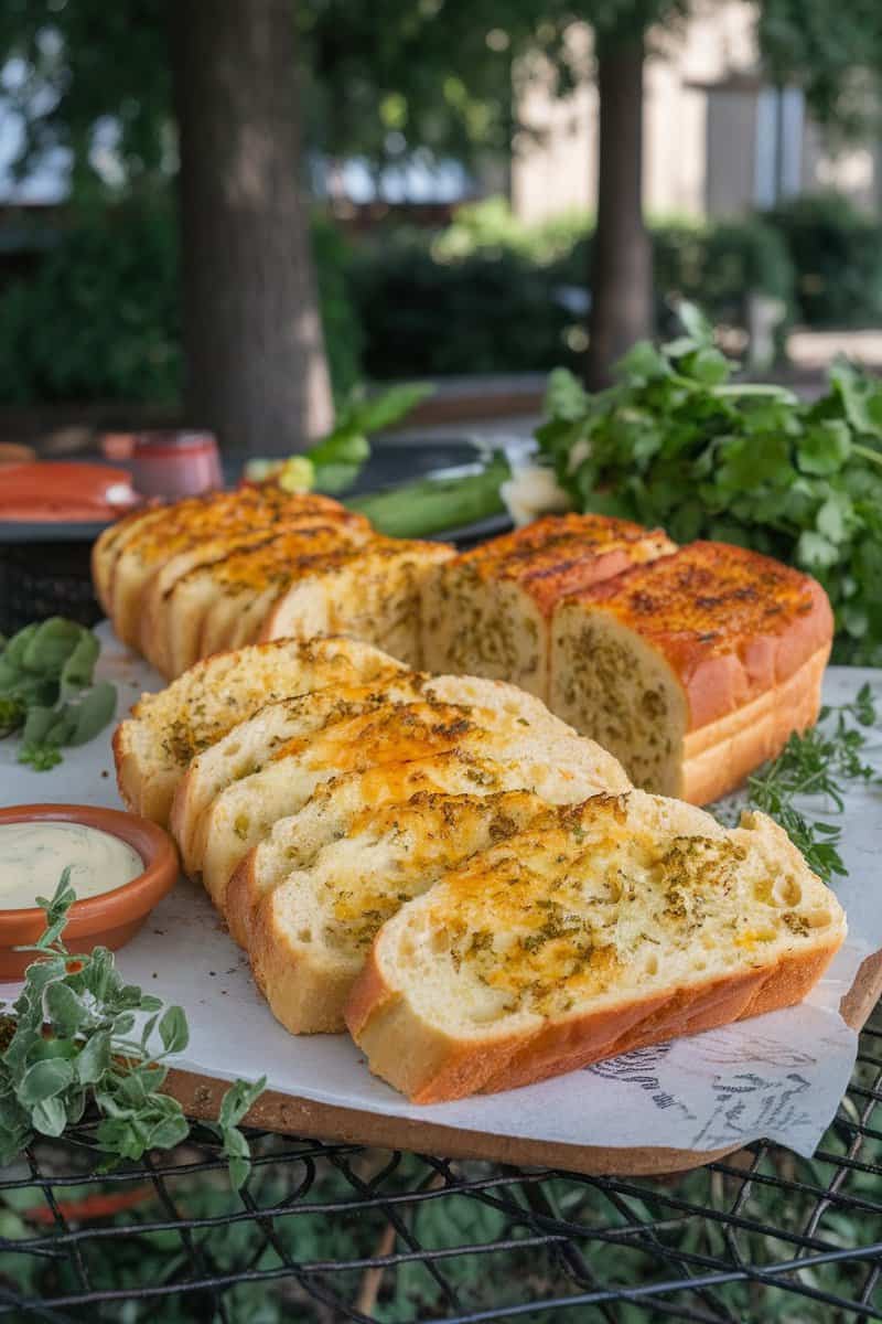 Sliced grilled herb garlic bread served with fresh herbs and dipping sauce