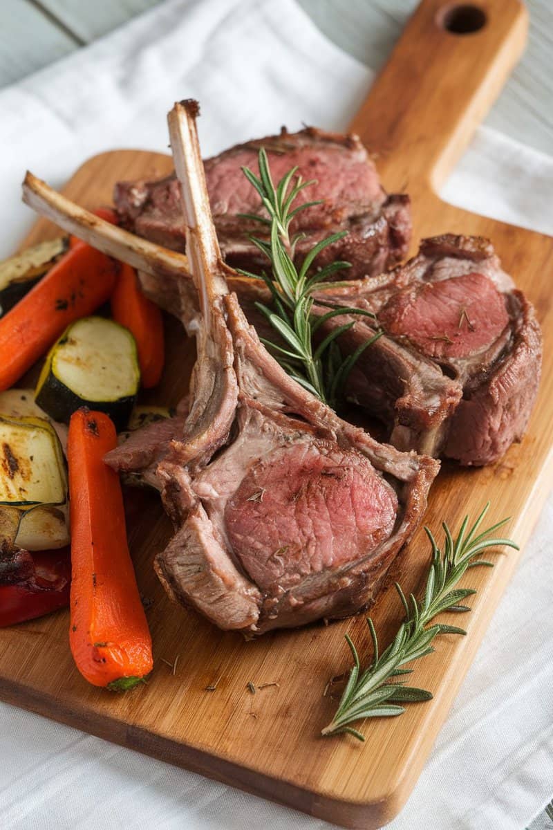 Grilled lamb chops with rosemary served with vegetables.