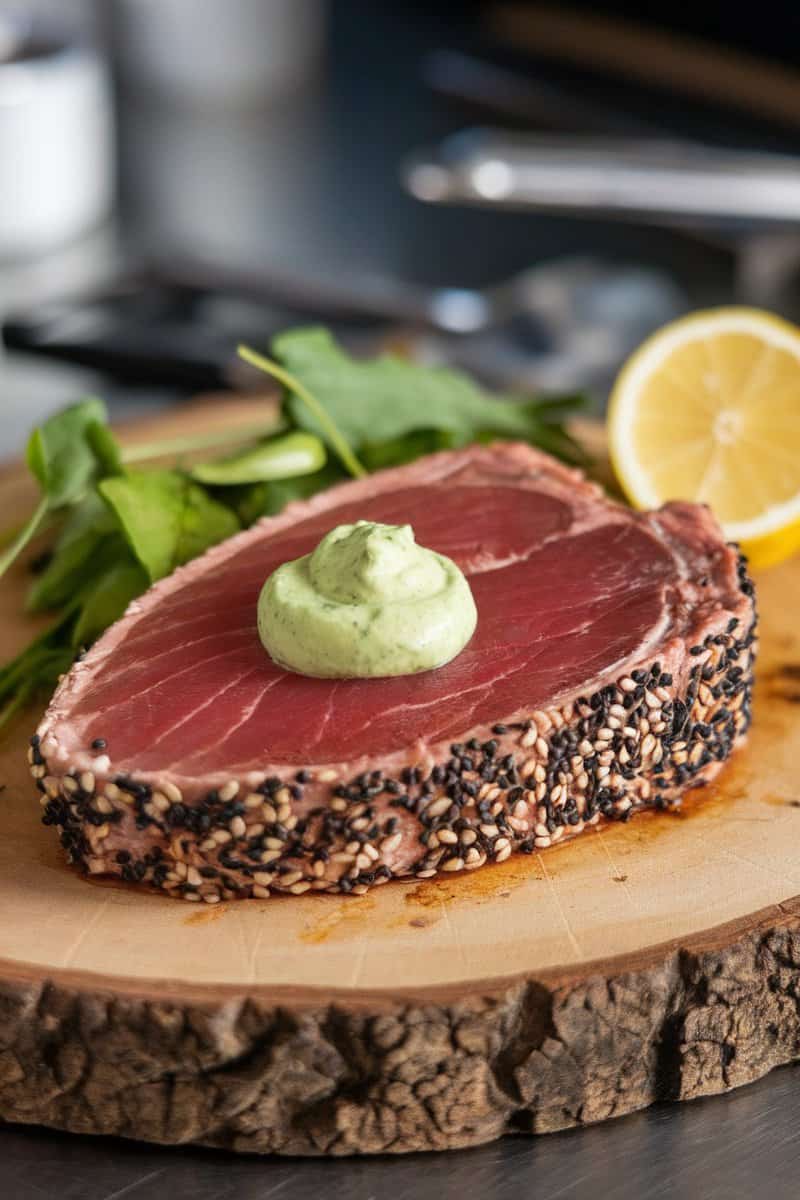 Grilled sesame tuna steak with wasabi cream on a wooden board