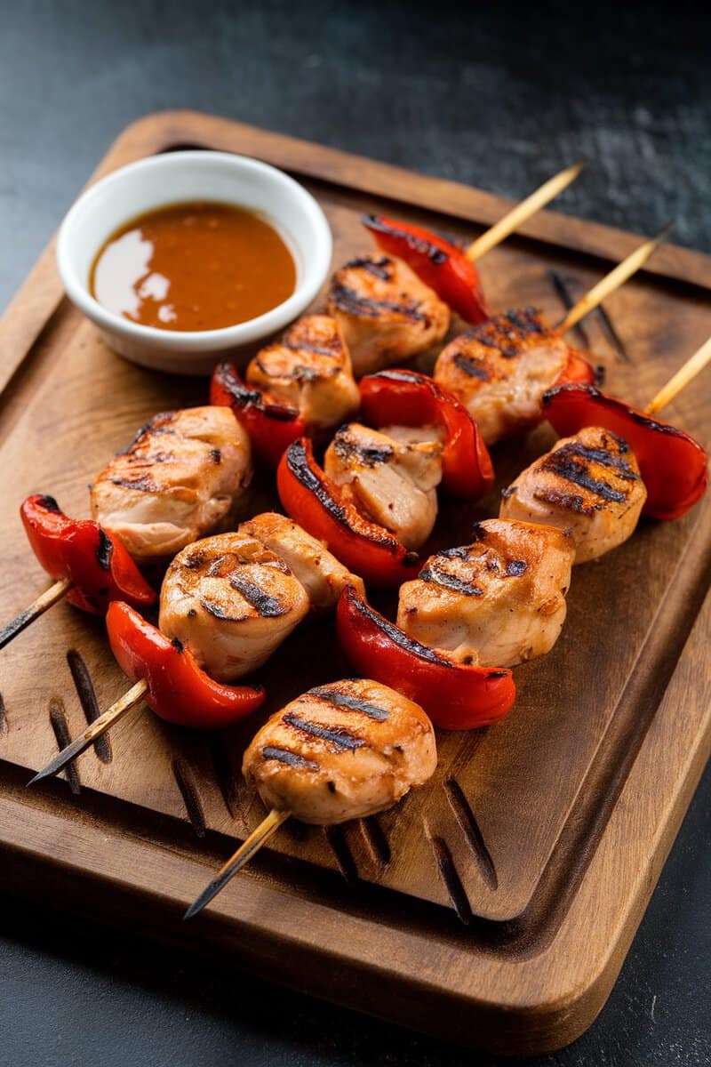 Grilled chicken and sweet red pepper skewers on a wooden platter