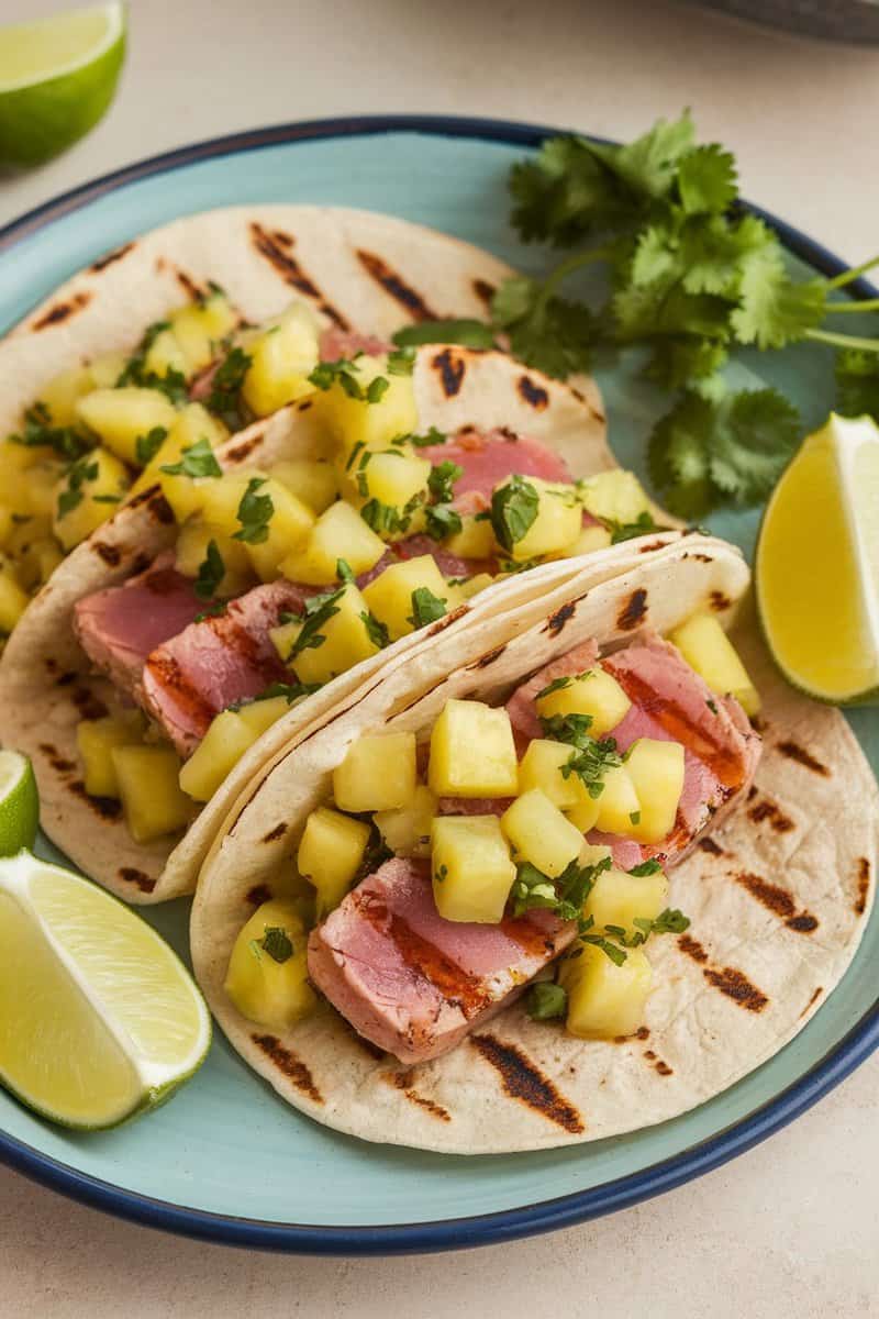 Grilled tuna tacos topped with pineapple salsa on a blue plate