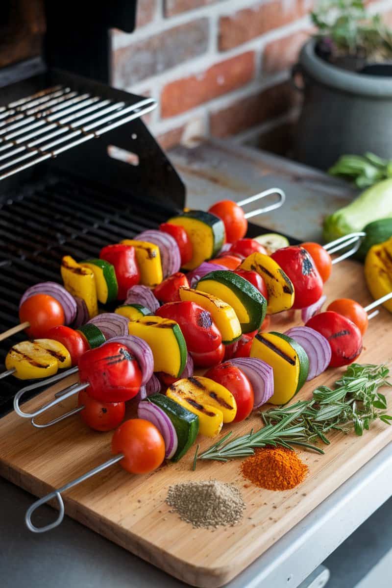 Colorful grilled vegetable skewers on a wooden platter with fresh herbs and spices