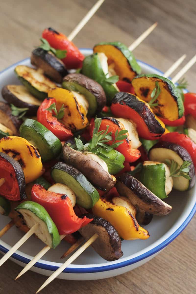 Colorful grilled vegetable skewers arranged on a plate