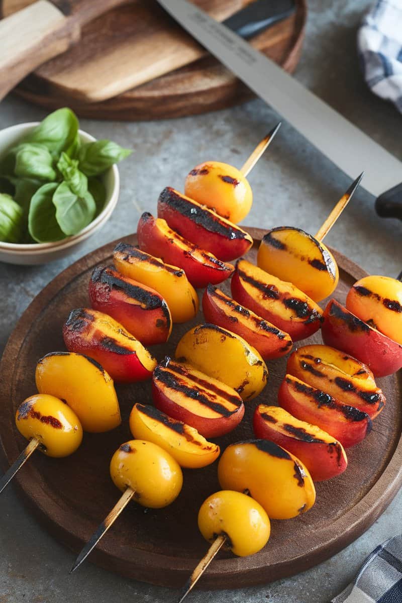 Grilled yellow tomato and peach skewers on a wooden platter