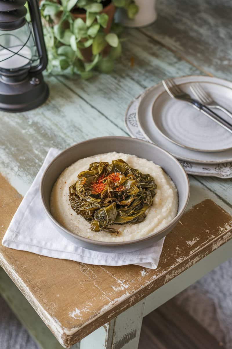 A bowl of creamy grits topped with sautéed collard greens, served on a rustic table