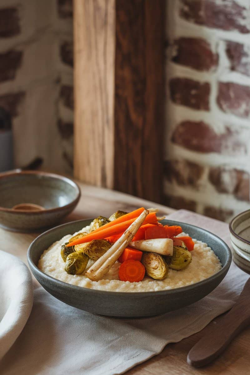 A bowl of creamy grits topped with colorful roasted vegetables.