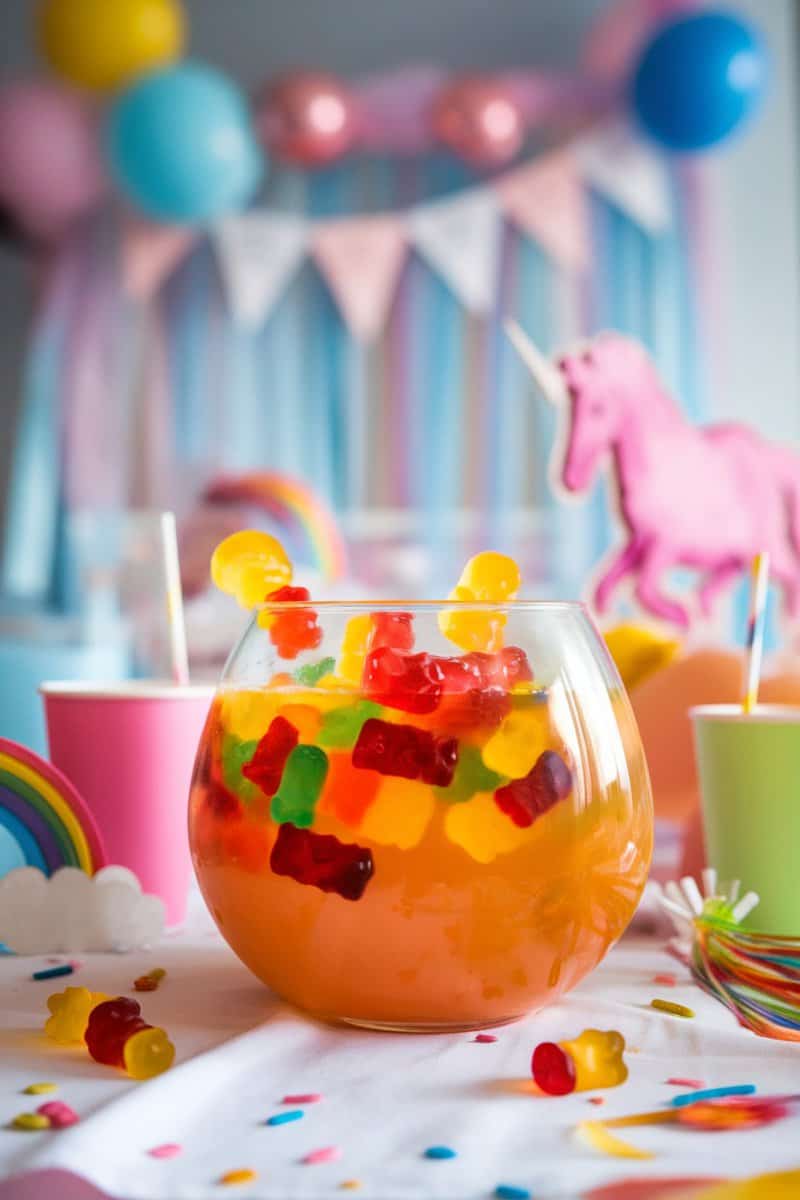 A colorful bowl of Gummy Bear Punch surrounded by party decorations and gummy bears.