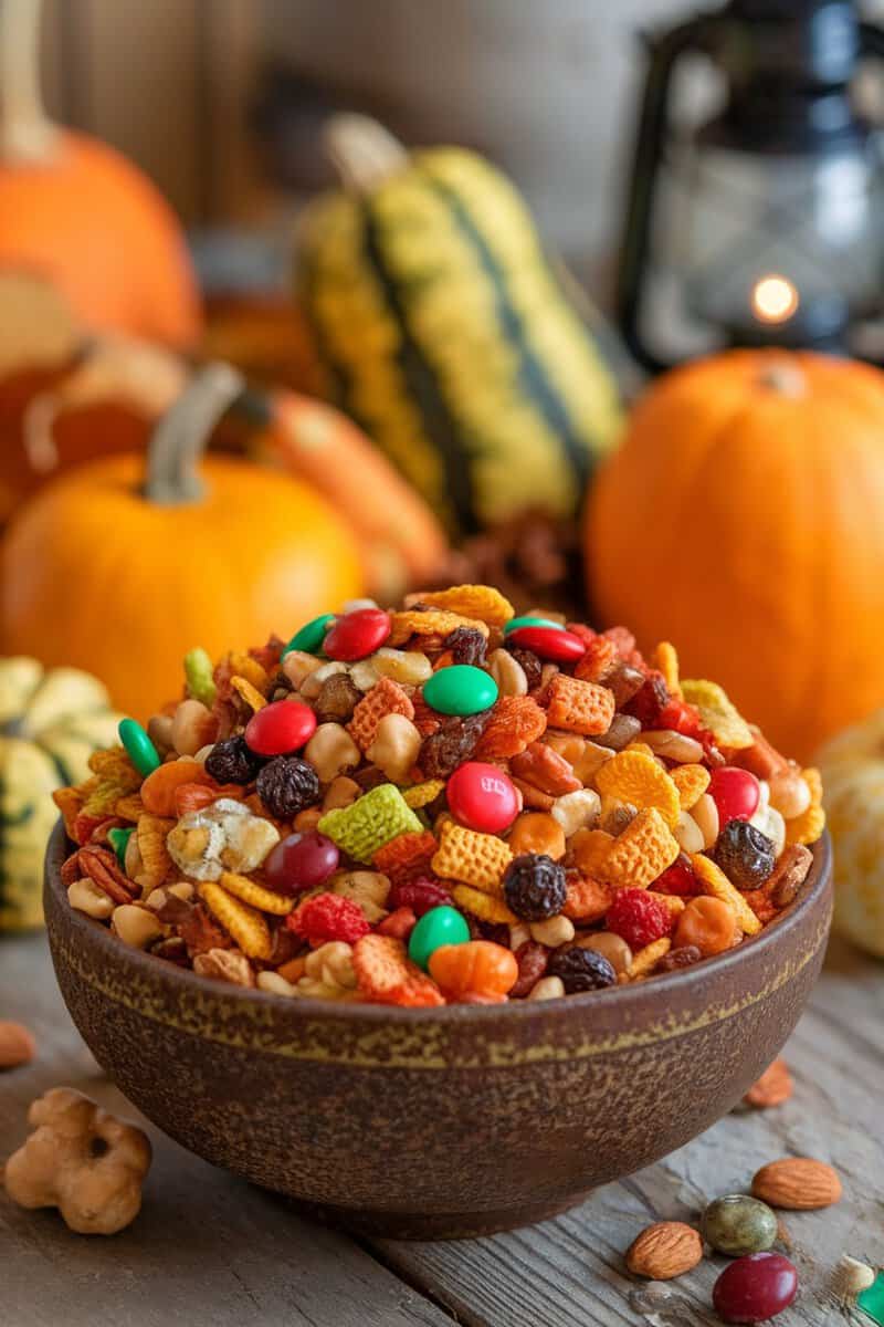 A bowl of colorful Harvest Chex Mix surrounded by autumn decorations like pumpkins and gourds.