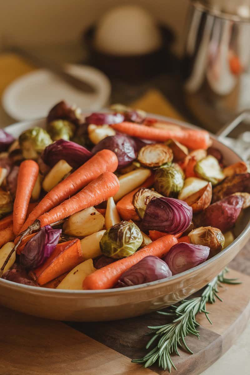 A bowl filled with a colorful harvest vegetable medley including carrots, Brussels sprouts, and purple potatoes.