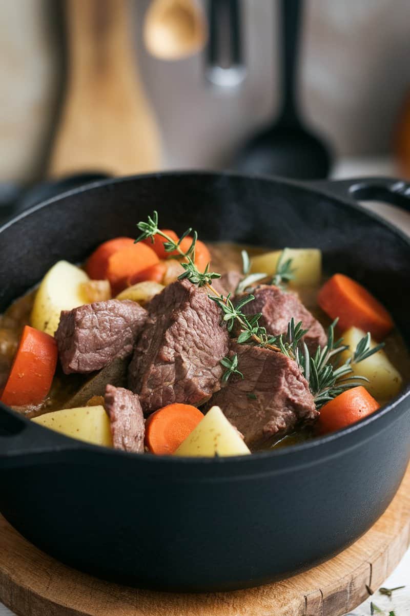 A pot of hearty beef and vegetable stew with chunks of meat, potatoes, and carrots.