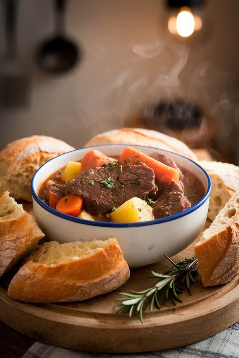 A bowl of hearty beef stew with root vegetables, surrounded by slices of bread on a wooden board.