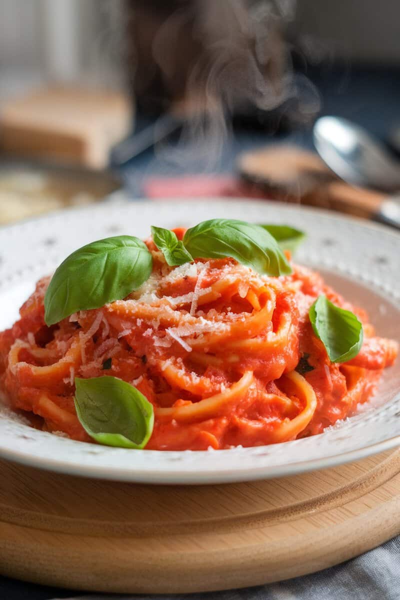 A plate of hearty tomato basil pasta garnished with basil leaves and grated cheese.