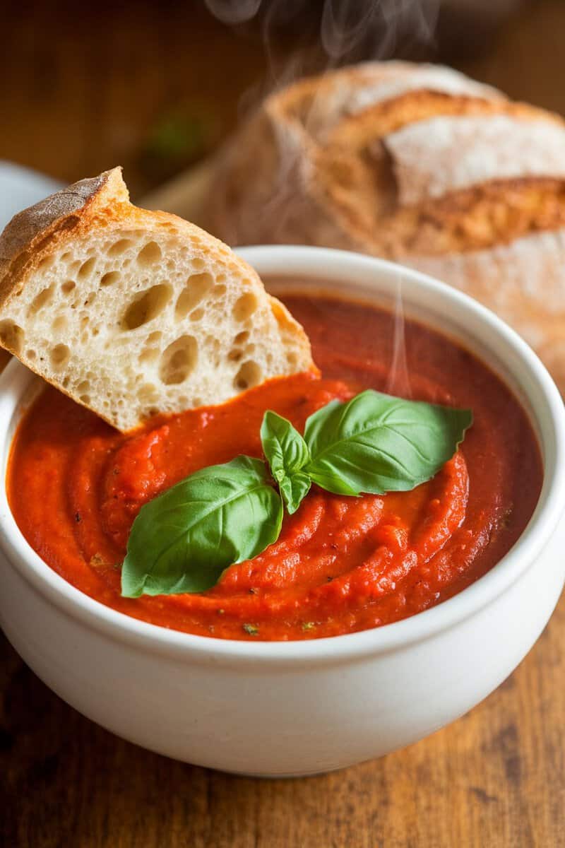 A bowl of hearty tomato basil soup with bread