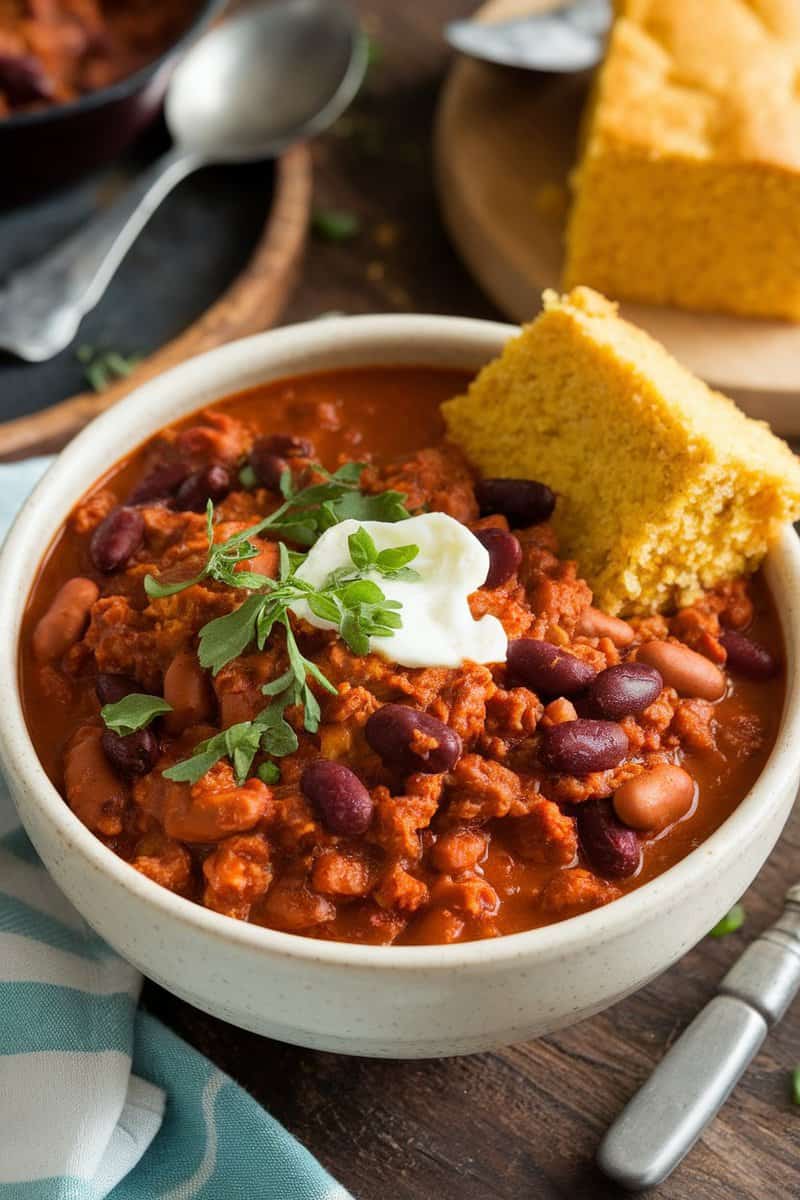 A bowl of hearty vegan chili made with Impossible ground beef, topped with fresh herbs and accompanied by cornbread.