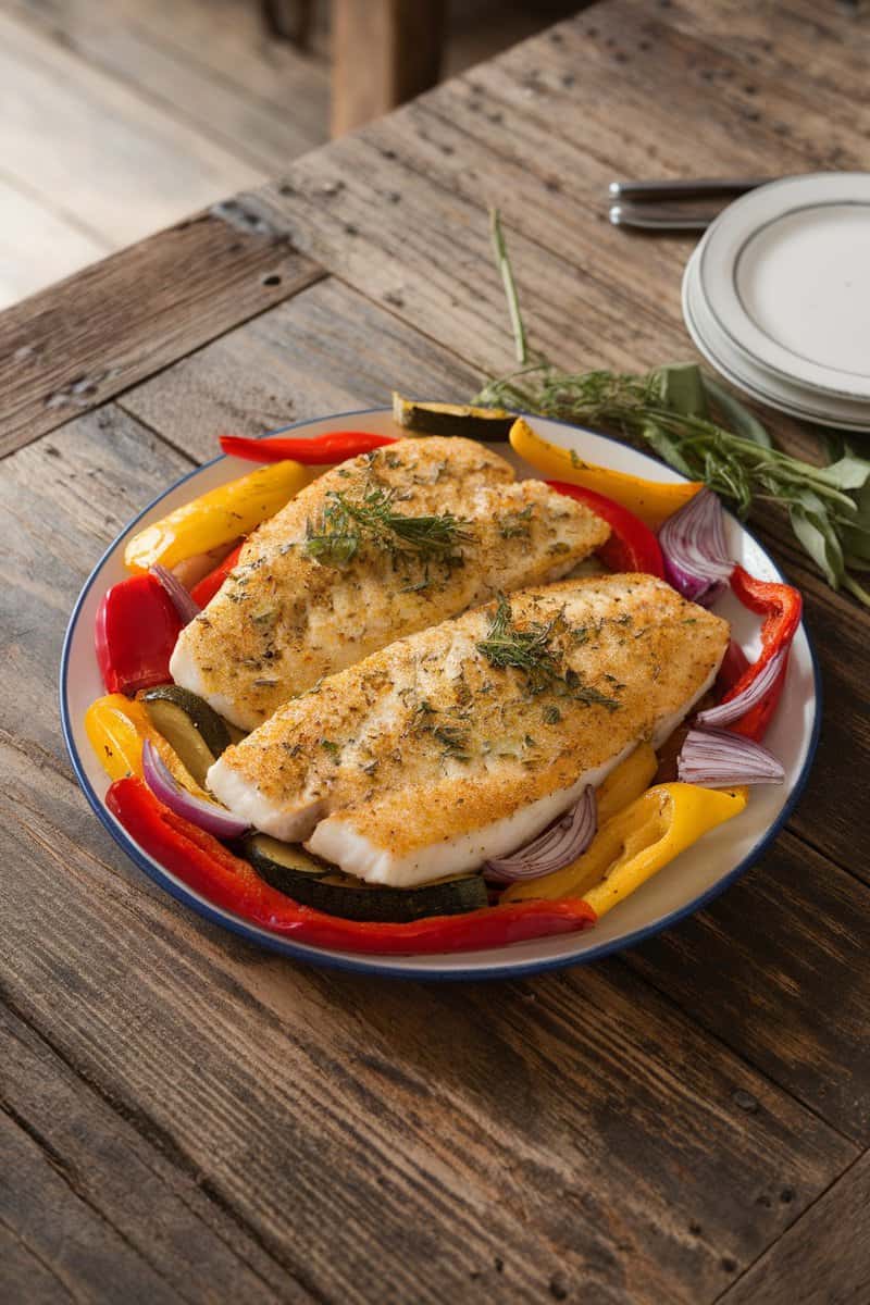 A plate of herb-crusted flounder fillets surrounded by colorful roasted vegetables.