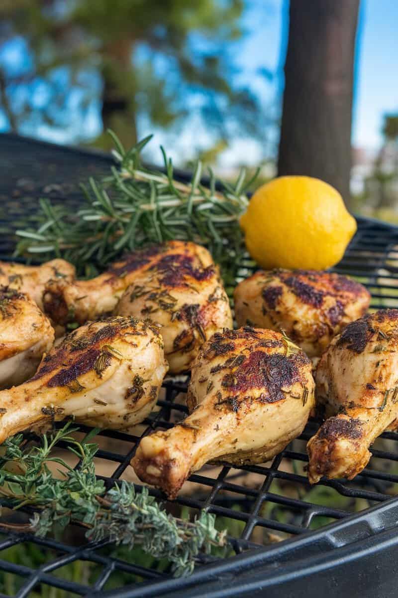 Platter of herb-crusted grilled chicken drumsticks on a table with fresh herbs