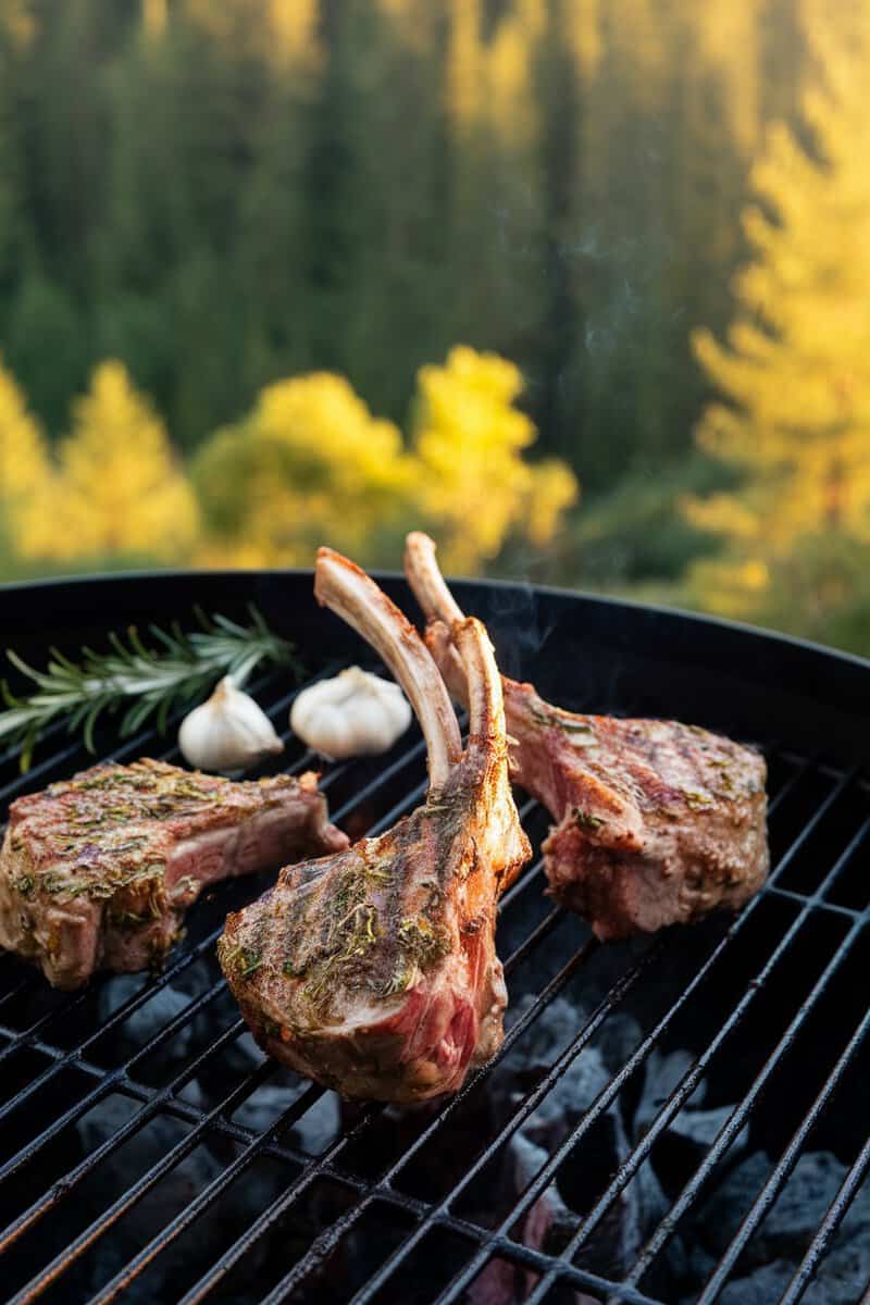 Grilled lamb chops with herb crust on the grill