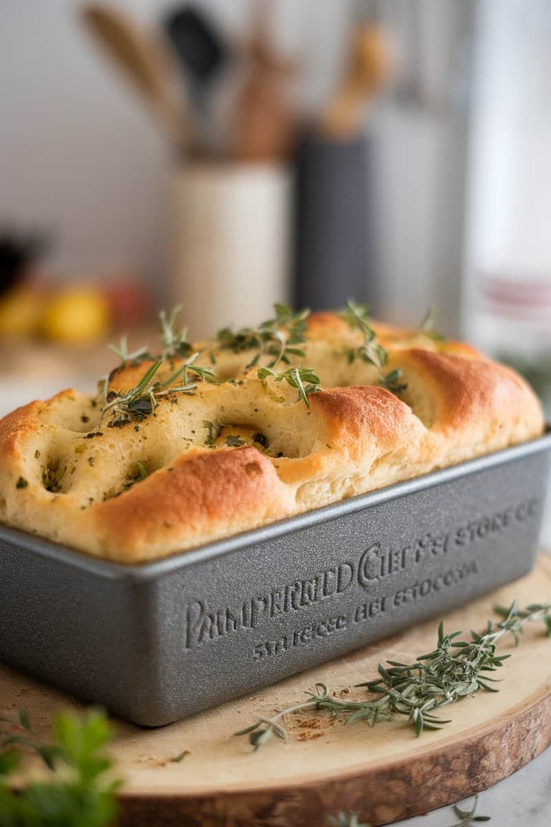 A freshly baked loaf of herb and cheese focaccia in a Pampered Chef stone loaf pan with herbs on top