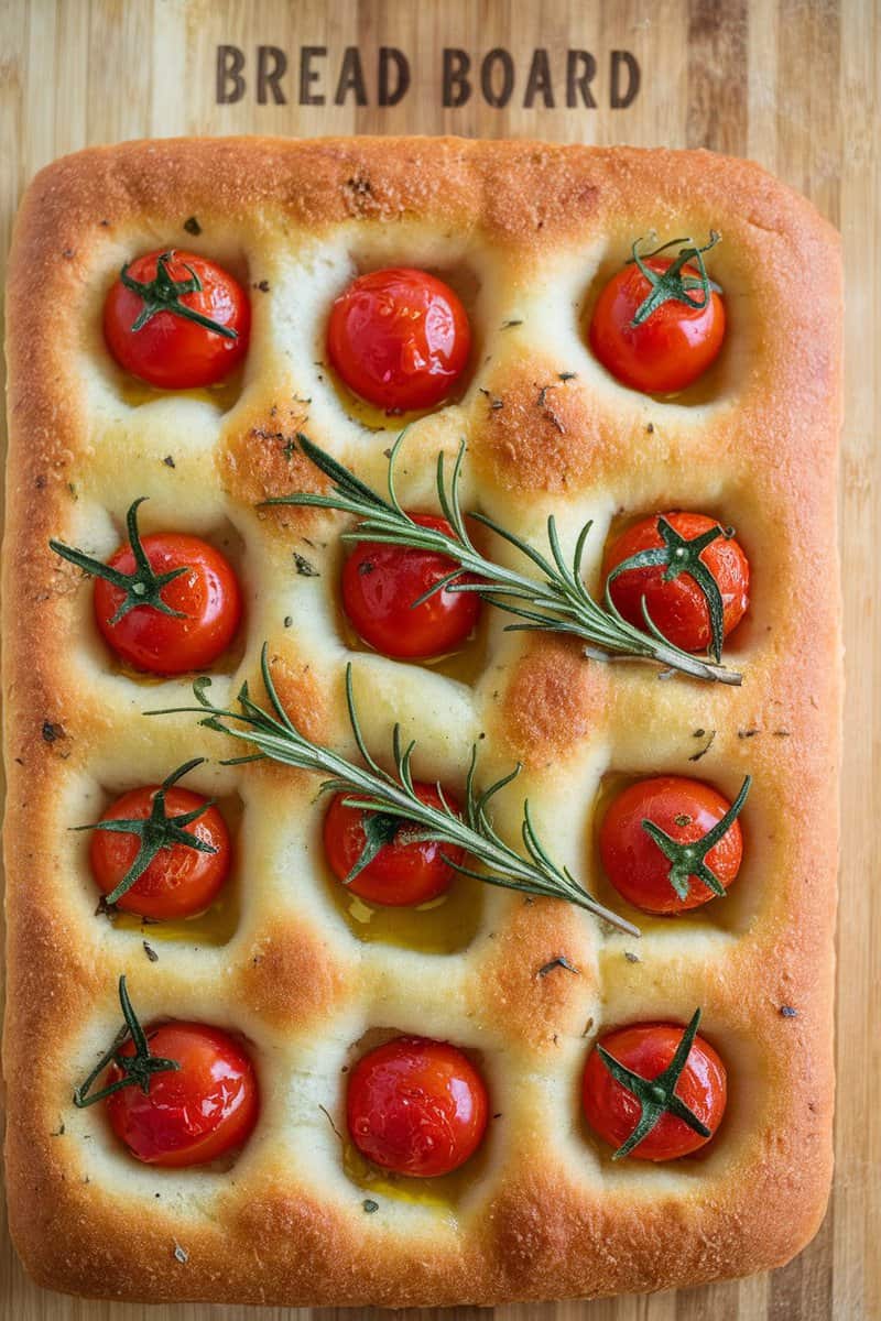 A freshly baked herbed focaccia topped with cherry tomatoes and rosemary.