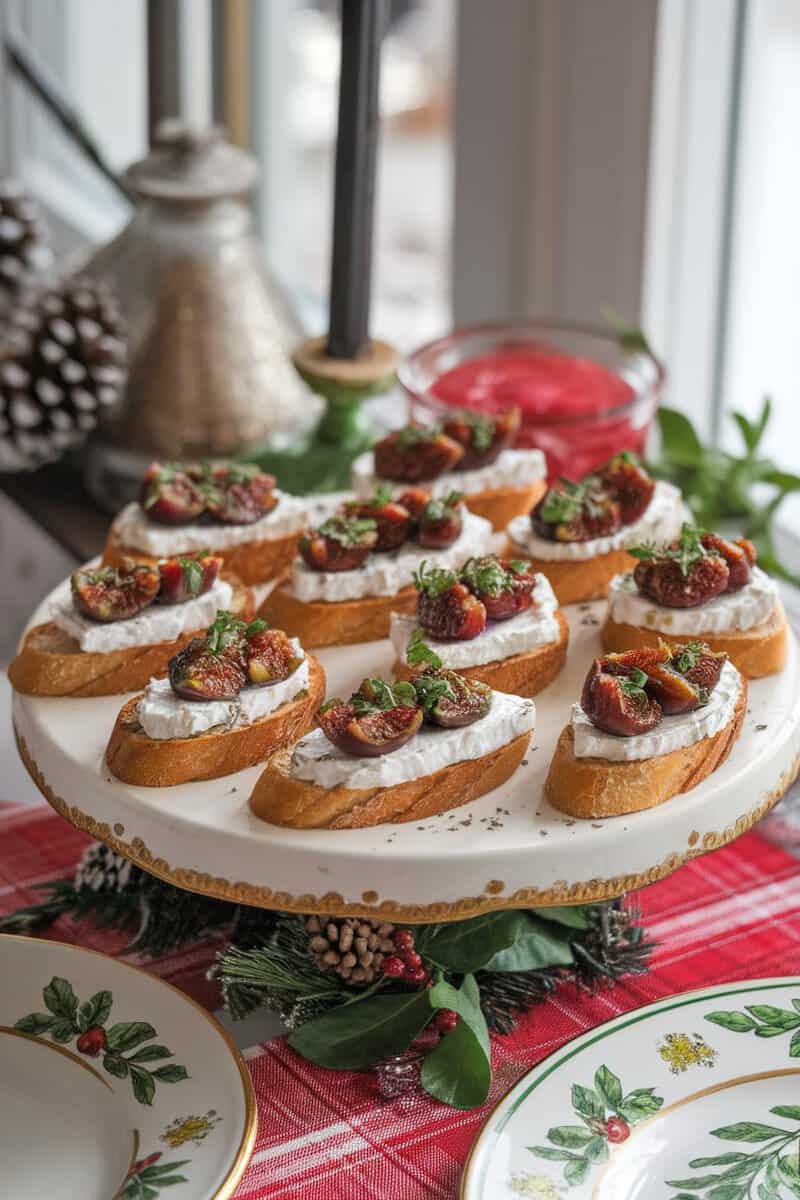 A platter of Herbed Goat Cheese and Fig Crostini topped with fresh figs and herbs, set against a festive backdrop.