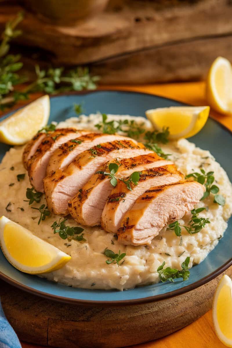 Plate of herbed grits topped with grilled chicken slices and lemon wedges.