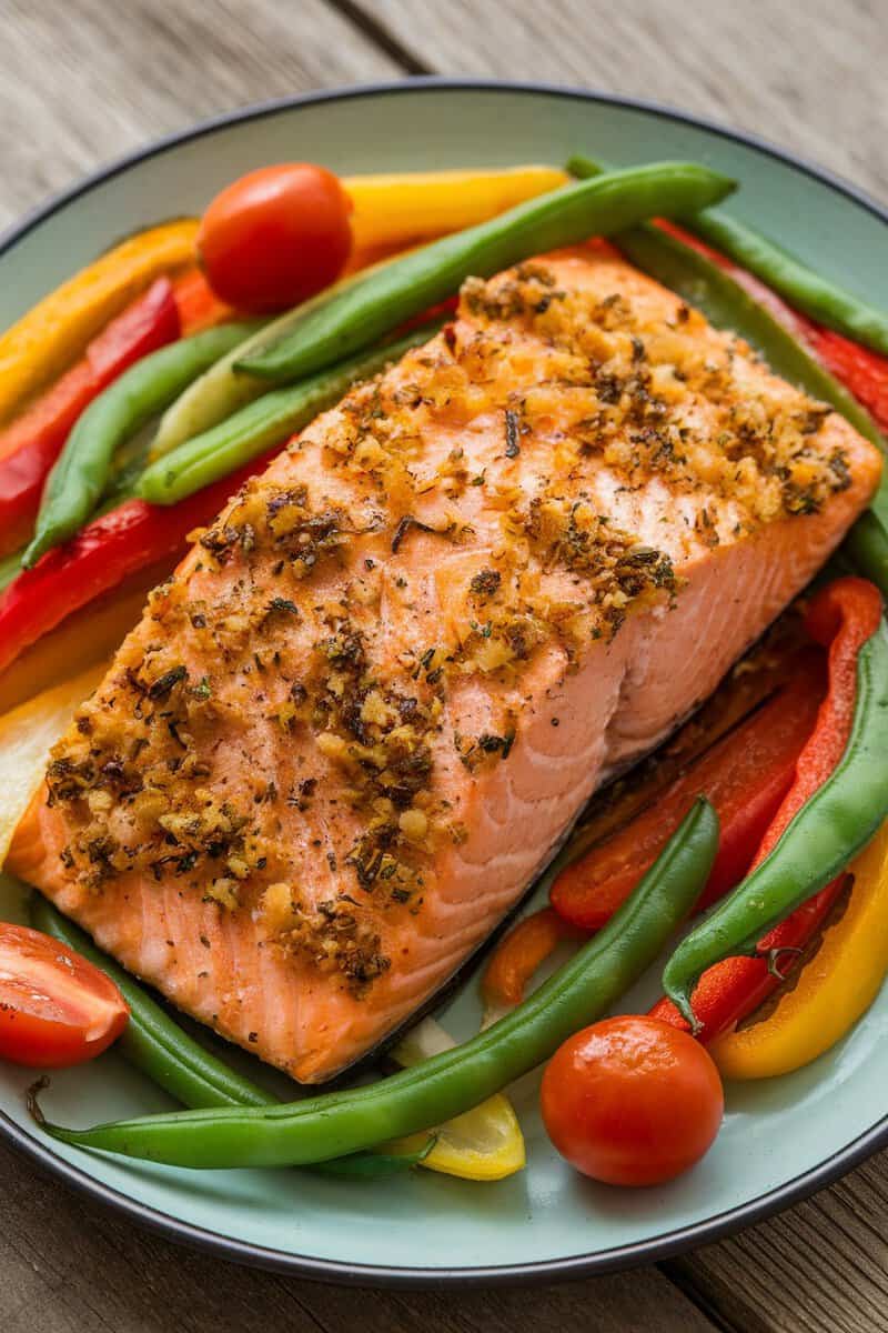 Herbed Parmesan Crusted Salmon with colorful vegetables