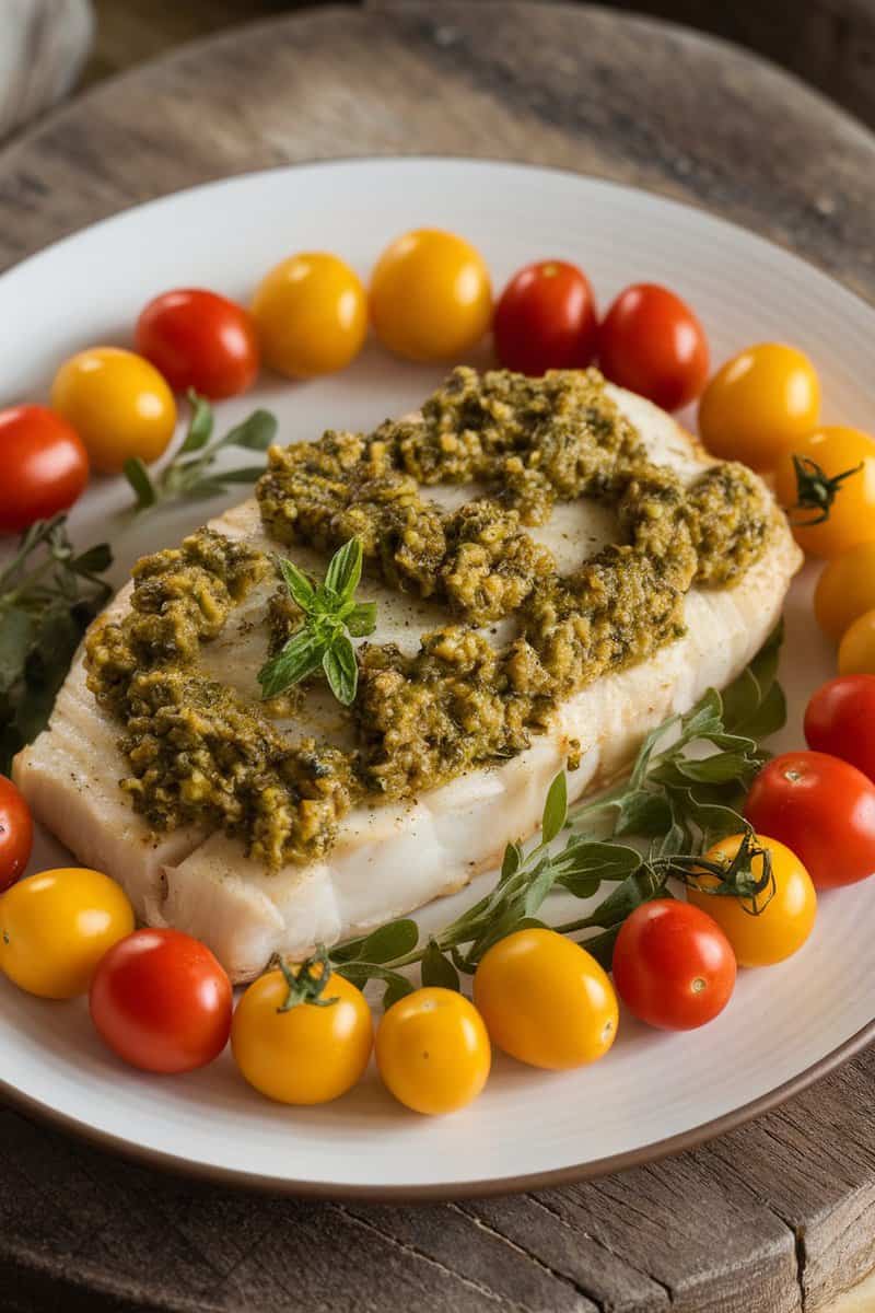 Baked filet of sole with pesto topping surrounded by colorful cherry tomatoes