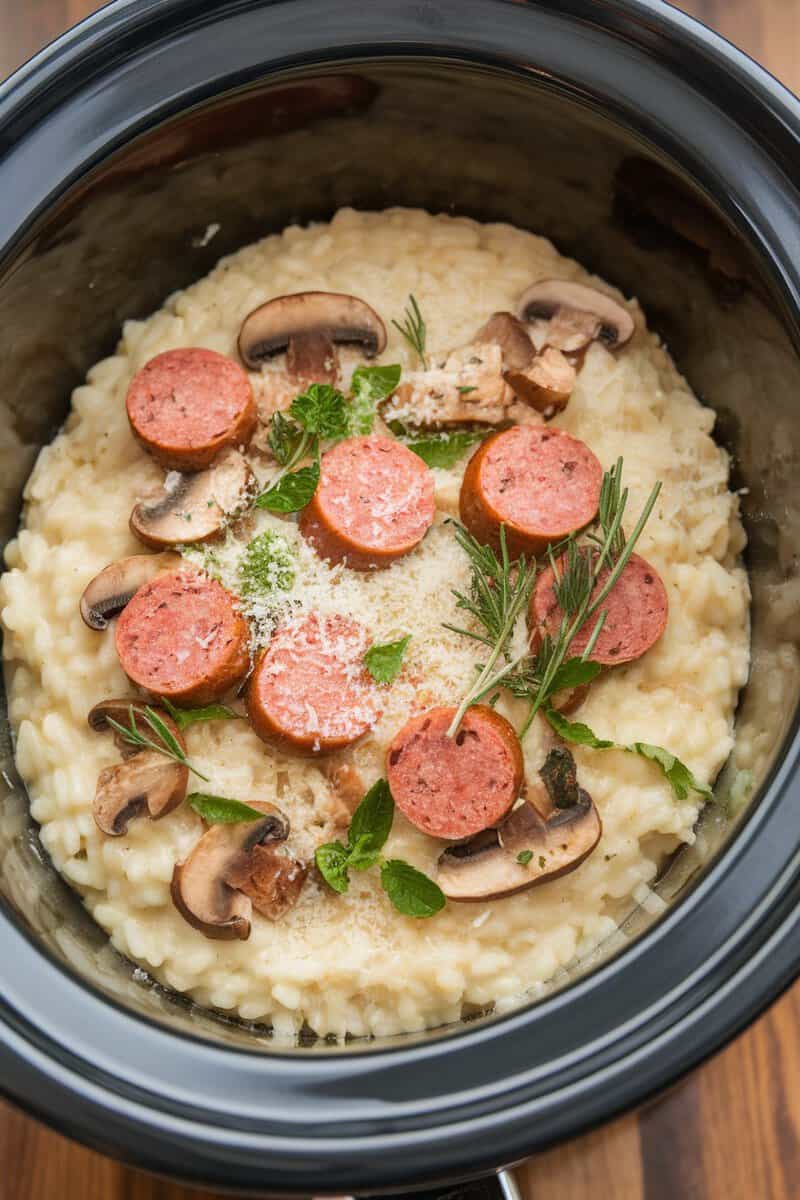 A slow cooker filled with herbed sausage and mushroom risotto topped with sliced sausage and herbs.