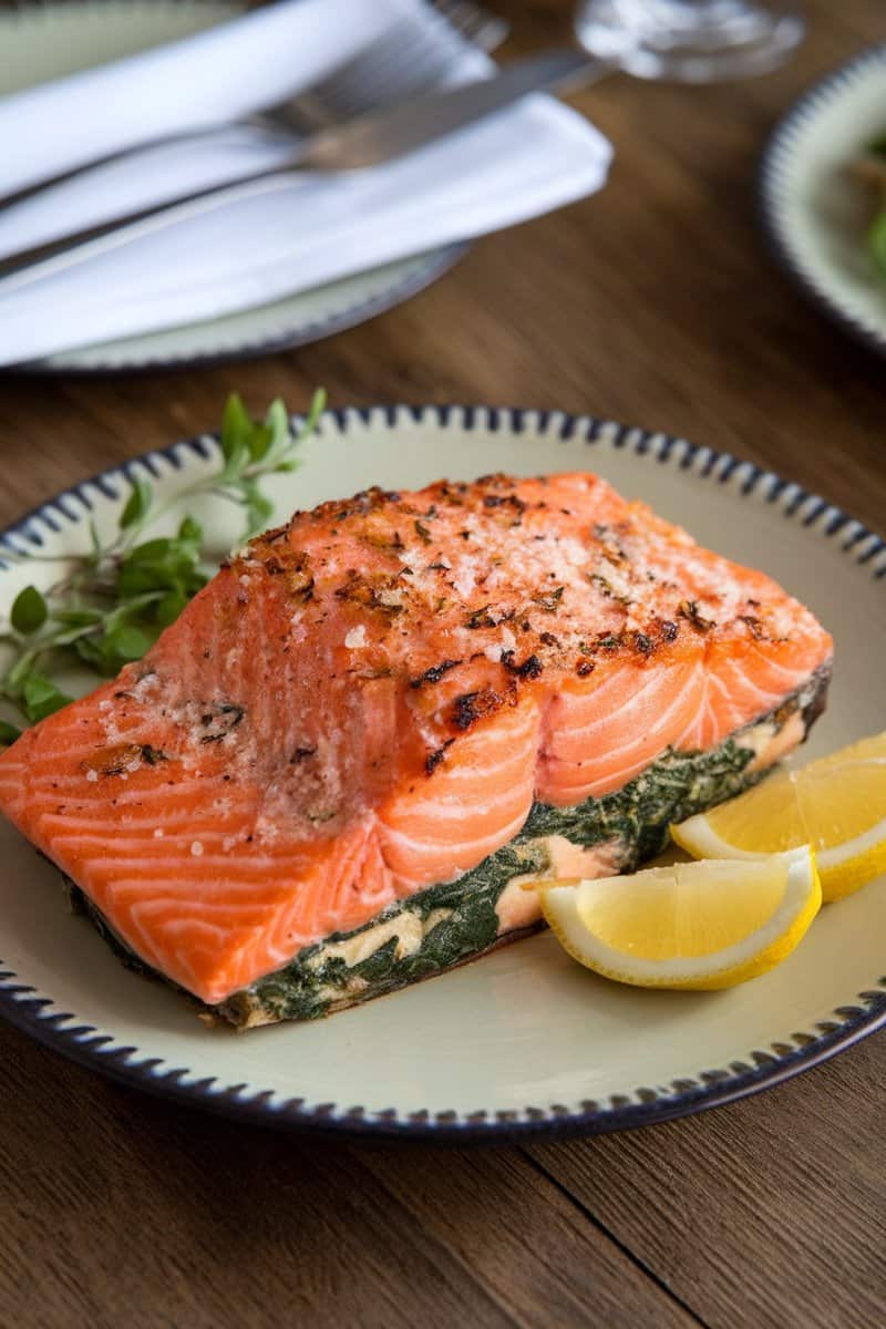 A delicious plate of herbed spinach and parmesan stuffed salmon, showcasing the rich filling and flaky fish.