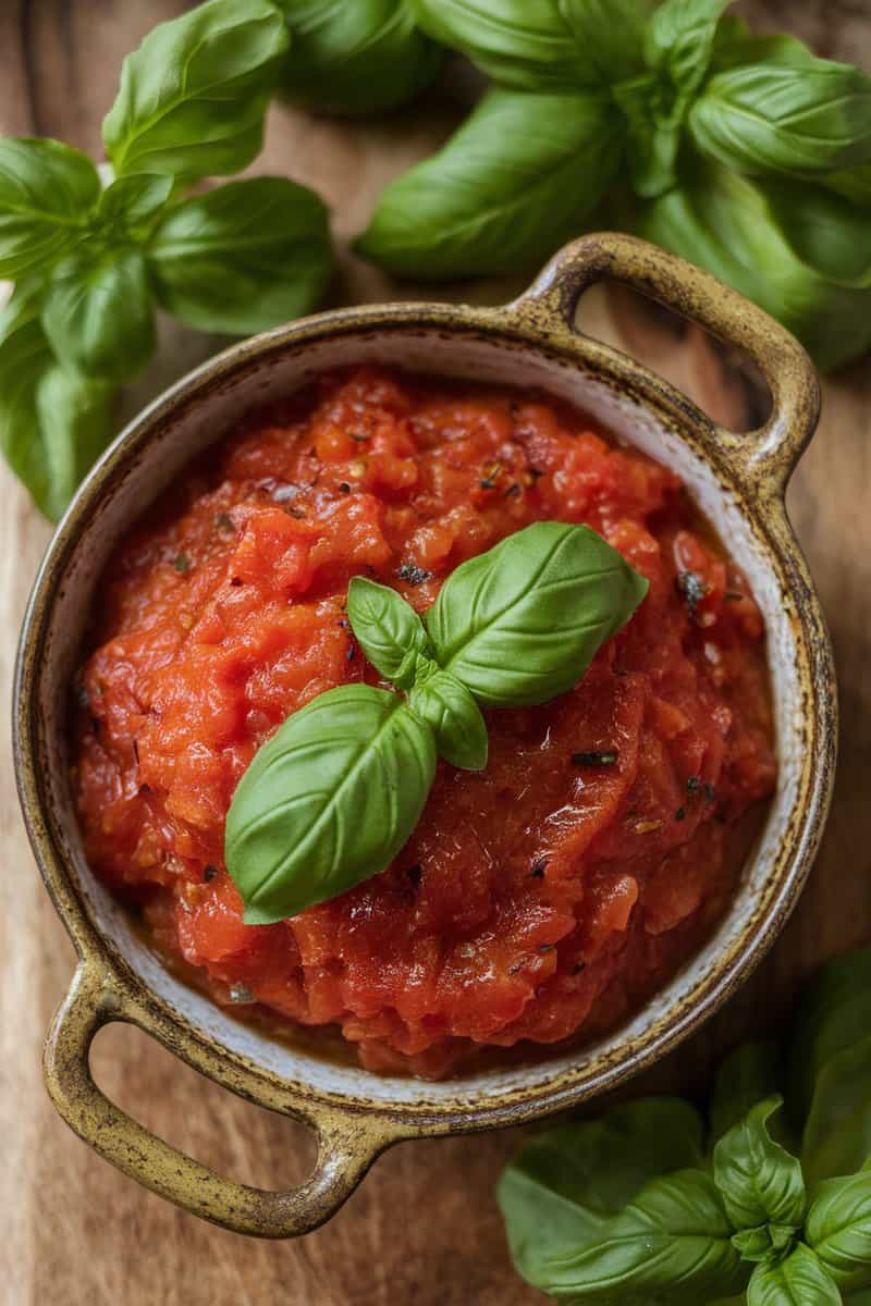 A bowl of herbed tomato chutney with fresh basil leaves on top.