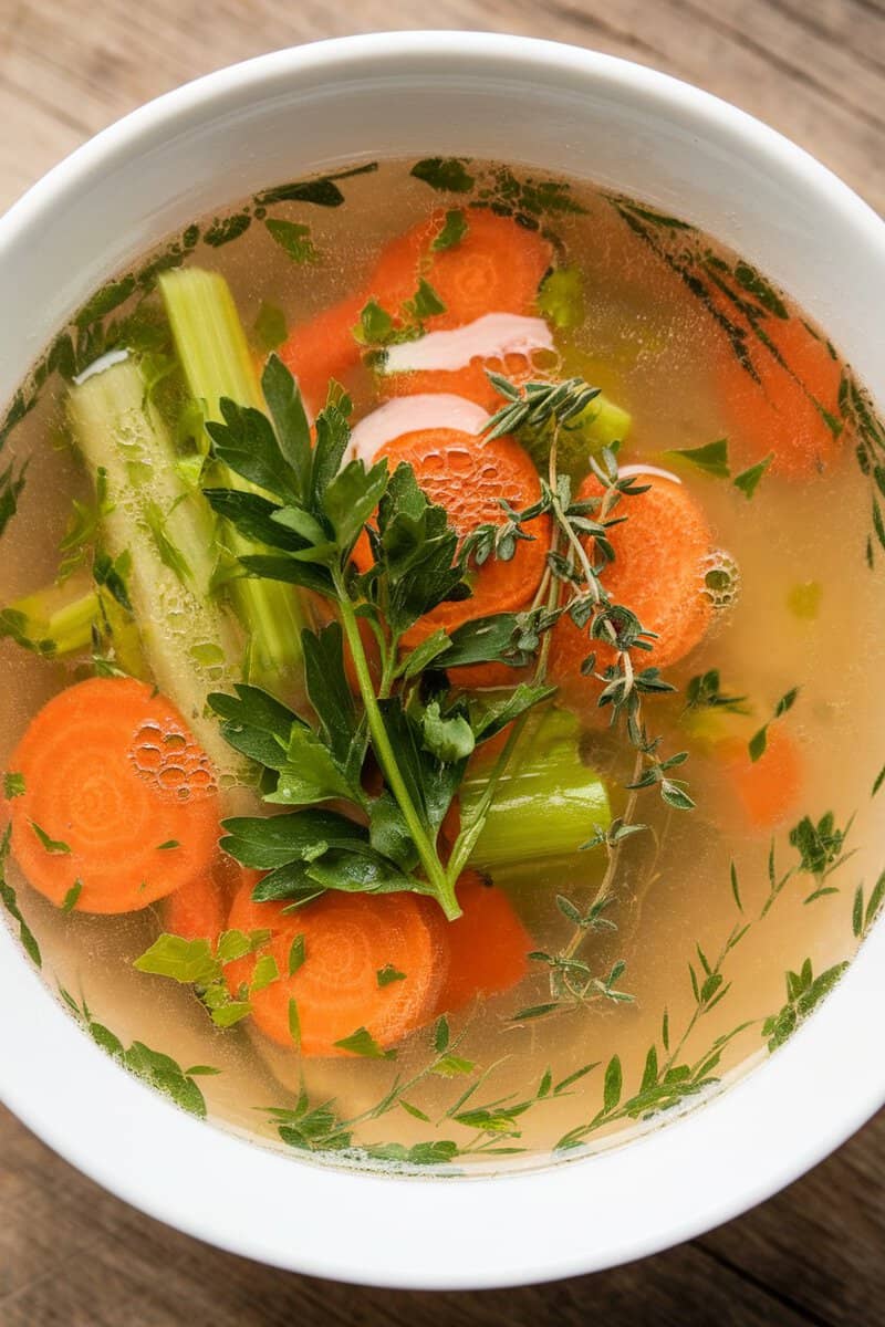 A bowl of herbed vegetable consommé with colorful vegetables and fresh herbs