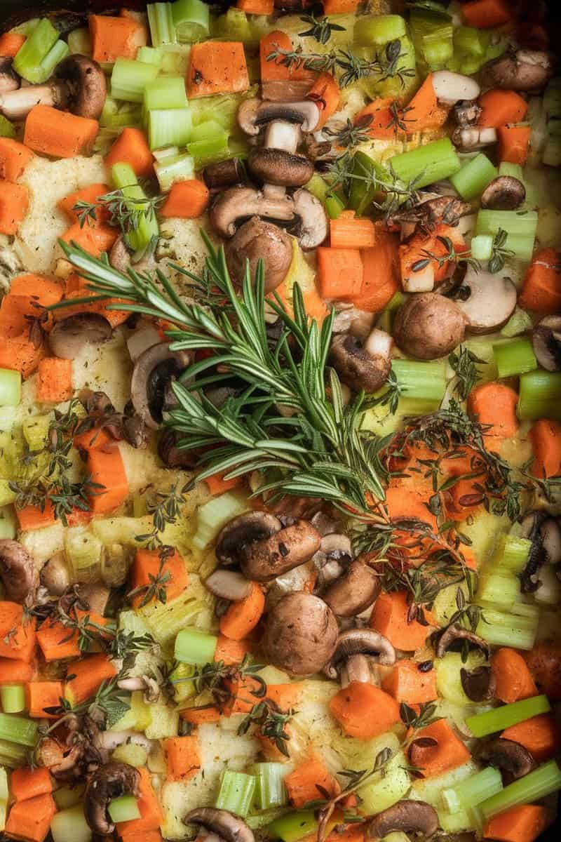 A dish of herbed vegetable stuffing with colorful vegetables and herbs.