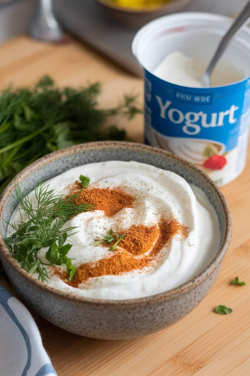 Bowl of herbed yogurt marinade with spices and herbs